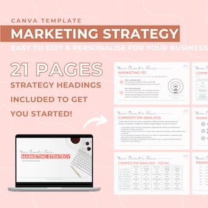 以下が含まれることがあります： マーケティング戦略のためのピンクと白のCanvaテンプレート。テンプレートには、「マーケティング101」、「競合他社分析」、「マーケティング戦略」などの見出しを含む21ページが含まれています。