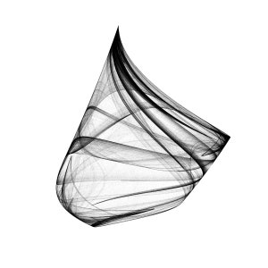 May include: Abstract black and white swirl design with a sharp point at the top and a rounded bottom.