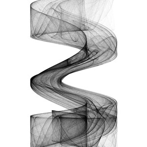 May include: Abstract black and white digital art with a swirling, ribbon-like design.