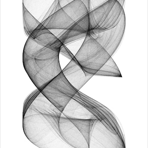 May include: Abstract black and white digital art print. The image features a complex, swirling design with overlapping lines and shapes. The artwork has a textured appearance, with varying shades of gray creating depth and dimension against a white background.