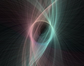May include: Abstract digital art featuring swirling lines of light in shades of pink and blue against a black background.