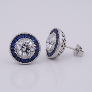 14K Gold Plated Handmade Baguette Cut Blue Sapphire & Diamond Halo Wedding Earring for Women 925 Sterling Silver with Timeless Design