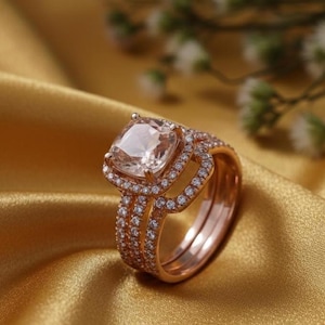 Może przedstawiać: Zestaw pierścionków z różowego złota z dużym, kwadratowym, jasno różowym kamieniem szlachetnym, otoczonym przez aureolę mniejszych, przezroczystych kamieni. Opaska jest również ozdobiona małymi, przezroczystymi kamieniami. Pierścionek leży na złotym satynowym materiale.