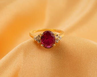Anillo de rubí rojo ovalado, anillo de rubí chapado en oro de 14 quilates, anillo de compromiso de plata de ley 925, anillo de rubí vintage, regalo de Navidad para ella.