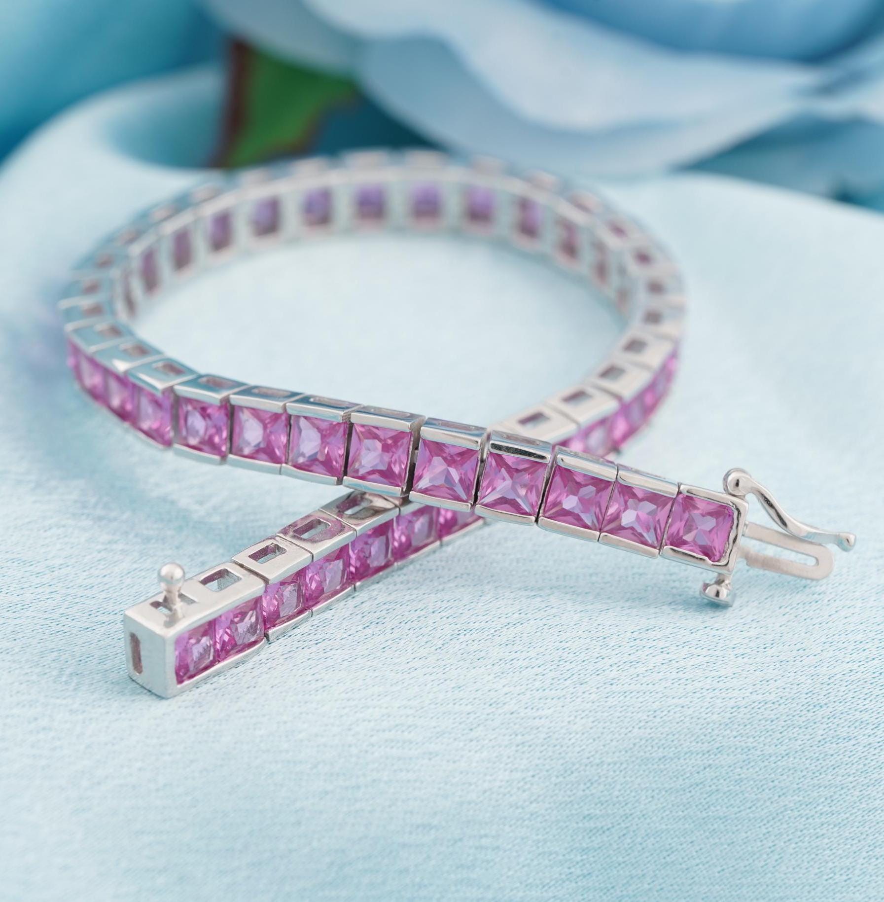 Pink Sapphire Bracelet, Women's Pink Diamond Bracelet, Wedding Engagement Bracelet, 925 Sterling Silver Bracelet, Bracelet Gift For Her