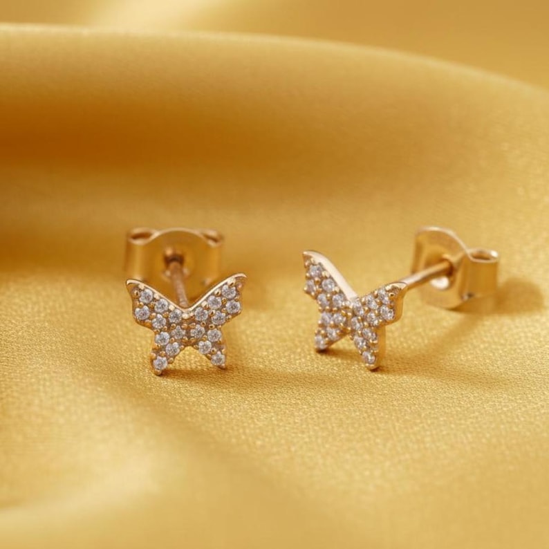 Dainty Moissanite Stud, Diamond Butterfly Earrings, Push Back Studs, 14K Gold Earrings, 925 Sterling Silver Earrings, Minimalist Gift Studs image 1
