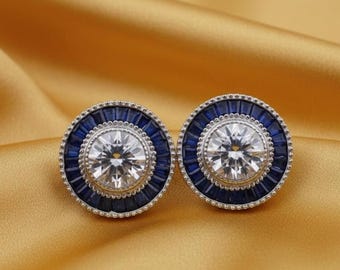 14K White Gold Plated Handmade Baguette Cut Blue Sapphire & Diamond Halo Wedding Earring for Women 925 Sterling Silver with Timeless Design