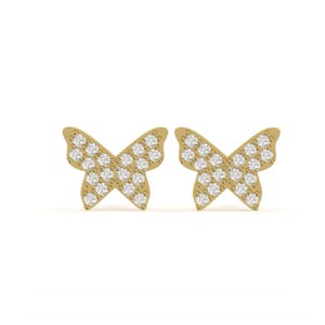 May include: A pair of gold-colored butterfly stud earrings. Each earring features a butterfly shape, with the wings filled with small, sparkling white gemstones. The earrings are set against a white background.