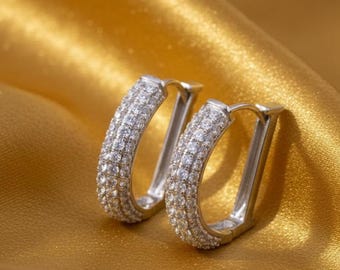 Moissanite Hoop Earrings: 14K White Gold Plated Sterling Silver