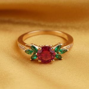 Ruby & Emerald Engagement Ring: 14K Gold Plated Sterling Silver