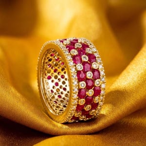 Red Ruby Eternity Ring, Oval Cut Ruby Band, 14K Gold Plated 925 Silver Ring, Wedding Anniversary Ring, Gift for Her