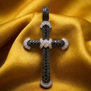 Black Diamond Cross Pendant, 925 Sterling Silver Cross Necklace Charm, Gothic Christian Jewelry, Mens Cross Pendant, Religious Gift for Him