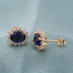 Blue Sapphire Stud, Oval Sapphire Stud Earrings, Women&#39;s Push Back Earrings, Diamond Moissanite Earrings, Gold Silver Small Stud Earrings