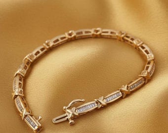14K Yellow Gold Silver Bracelet, Baguette Cut Moissanite Diamond Tennis Bracelet, Engagement Bracelet, Handmade Jewelry, Gift For Her