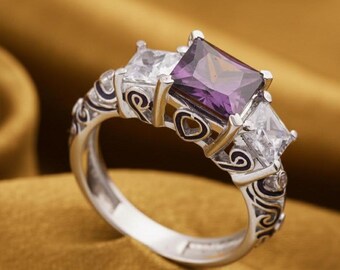 Amethyst Gemstone Princess Ring, 14K White Gold Plated Bridal Ring, Handmade Amethyst Engagement Ring, 925 Sterling Silver Wedding Jewelry