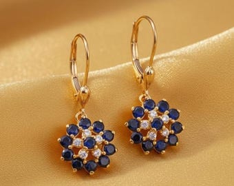 Blue Sapphire Drop Dangle Earring, 14K Yellow Gold Women Lever Back Earring, 925 Sterling Silver Anniversary Earring for Women, Gift For Her