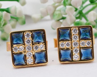 Blue Sapphire Square Cufflinks, Gold Plated Silver Cufflinks, Sapphire And Diamond Cufflinks, Suit Wedding Metal Cufflinks, Unisex Cufflinks