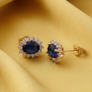 Pendientes ovalados de zafiro azul, pendientes de presión para mujer, regalos de moissanita con diamantes, pendientes pequeños de oro y plata.