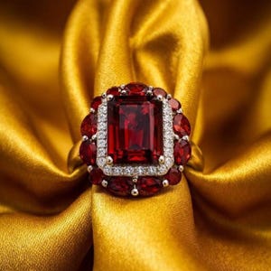 Emerald Cut Ruby Halo Ring, Red Statement Ring 14K Gold Plated, Vintage Engagement Ring, July Birthstone Ring, Luxury Cocktail Ring for Her