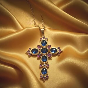 May include: Gold-toned cross pendant necklace with oval blue and purple gemstones. The cross is suspended from a delicate chain, set against a golden, satin-like fabric. The gemstones are arranged in a symmetrical pattern.