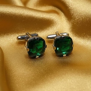 Gemelos para hombre, gemelos de camisa con piedras preciosas verdes de esmeralda, gemelos para traje de boda de plata de ley 925 chapados en oro blanco de 14 quilates.