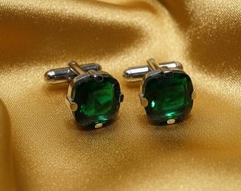 Men's Cufflink, Emerald Cufflinks Toogle Green Gemstone Shirt Cufflinks, 925 Sterling Silver 14K White Gold Plated Wedding Suit Cufflinks