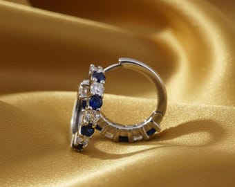 Blue Sapphire Hoop, Earrings For Women's, Silver Gift Earrings, Sapphire Diamond Huggie, Minimalist Earrings, Tiny Small Studs, Gift For Her
