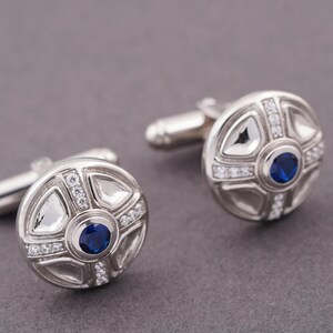 Cufflink For Men&#39;s Blue Sapphire Round Formal Wear Suits Cufflinks, 14K White Gold Silver Western Cufflinks, Handmade Jewelry Gift For Him.