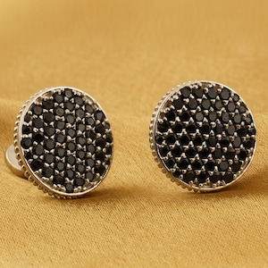 14K White Gold Plated Minimalist Round Black Diamond Men's Cufflinks for  Luxurious Formal Wear, 925 Sterling Silver, Christmas Gift for Him