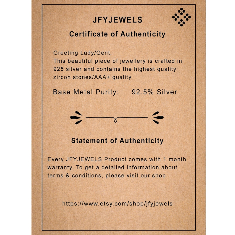 May include: A certificate of authenticity from JFYJEWELS, printed on a tan card. The text includes "Certificate of Authenticity", "92.5% Silver", and the Etsy shop URL. The card also states the jewelry is crafted with zircon stones.