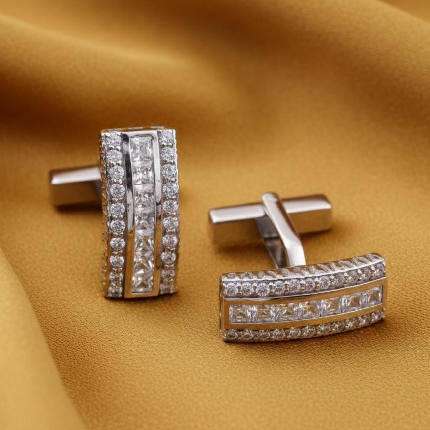 Channel Set Moissanite Cufflink, 14k White Gold Plated Handmade Cufflinks, 925 Sterling Silver Formal Wear Cufflinks