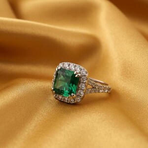 Green Emerald Halo Ring, 925 Sterling Silver 14K Gold Plated Engagement Ring, Vintage Style Wedding Jewelry Gift for Her