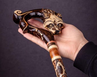 Hand Carved Wolf Head Walking Cane – Wooden Walking Stick, Gothic Accessory