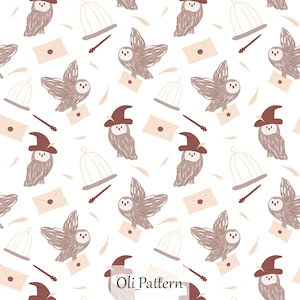 May include: A seamless pattern featuring brown owls wearing witch hats, flying owls, and other magical elements like cages, feathers, and wands. The background is white.