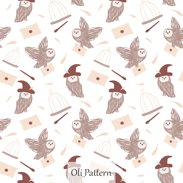 Magic owl, Wizard and Witch Fabric Design, Children's  digital seamless pattern magic hat  White background letter feather cage magic school