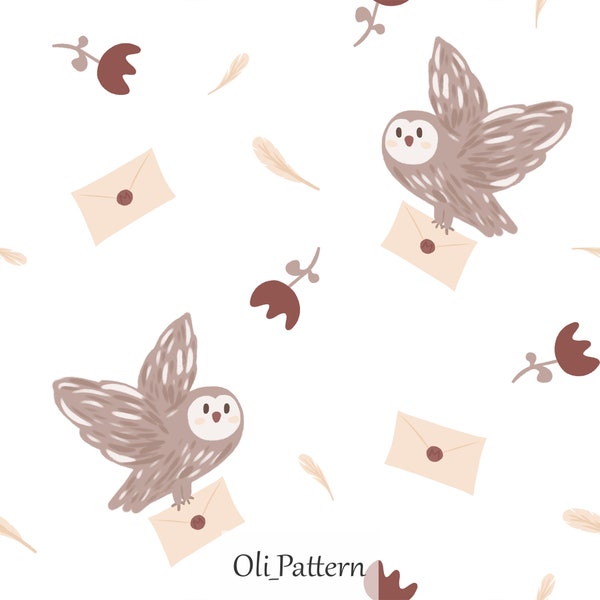 Magic owl, Wizard Fabric Design, Children's digital paper seamless pattern flowers White background love letter feather magic school jpeg