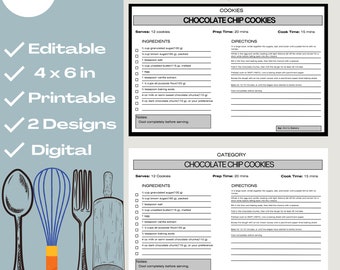 Printable Recipe Card, Recipe card template, Editable recipe card template, Digital Recipe Card, 4 x 6 recipe card template