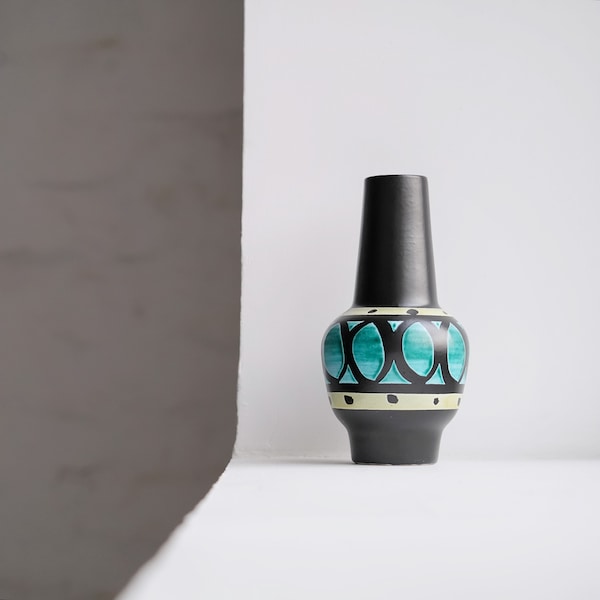 Vintage Strehla Keramik East German Import Handmade Ceramic Vase, 1960s Mid Century Modern Fat Lava Pottery. MCM. Black & Turquoise. 894.