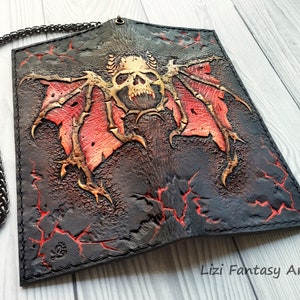 3D Handprägung Leder Biker Geldbörse, Biker Lifestyle, Handgefertigte Schädel Flügel Geldbörse, Motorrad Zubehör, Gothic Geschenk, D & D Fantasy Gamer Geschenk
