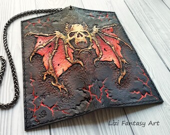 3D Hand emboss Leather Biker Wallet, Biker lifestyle, Handmade Skull wings wallet, Motorcycle accessory, Gothic gift, D&D fantasy gamer gift