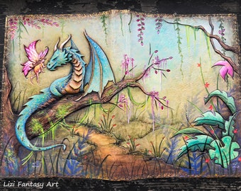May include: Fantasy art piece featuring a teal dragon perched on a tree branch, interacting with a fairy. The artwork has a textured appearance with a forest backdrop, including plants and flowers. The artist's name, "Lizi Fantasy Art", is visible.