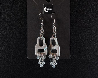 Marbled Clay Earrings Geometric Cutout Dangle Teal Gray