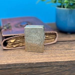 Solid Brass Flip Lighter Engraved With Custom Japanese Oni Mask and Scrollwork In a Classic Pattern! (No Fluid)