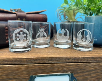 Star Wars Shot Glasses: Engraved Whiskey Glasses Mandalorian, Jedi Order, Rebel, and Empire Seals! Star Wars Gifts Barware Glasses