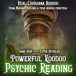 Puede incluir: Imagen promocionando un servicio de lectura psíquica. Presenta a una mujer con un pañuelo en la cabeza, sosteniendo una vela encendida. El texto incluye "Real Louisiana Voodoo" y "Powerful Voodoo Psychic Reading."
