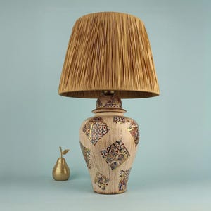 Boho Ginger Jar Table Lamp, Natural Raffia Lampshade, Distressed Tile Pattern Base, Eclectic Home Decor, Rustic Elegant Bedside Light