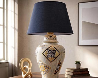 Classic Ginger Jar Table Lamp, Navy Blue and Gold Ceramic Base, Traditional Antique Style Light, Elegant Living Room Decor, Dark Blue Shade