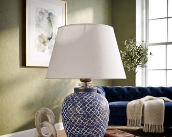 Blue and White Ceramic Lamp, Geometric Fish Scale Pattern, Hamptons Style Decor, Elegant Bedside Light, Indigo Pottery Lamp