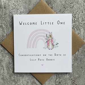 Personalised New Baby Girl Card with Flopsy bunny.