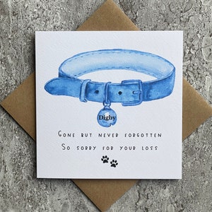 Personalised Pet Loss card - Dog Collar in blue or tan/brown with round tag and name in tag.